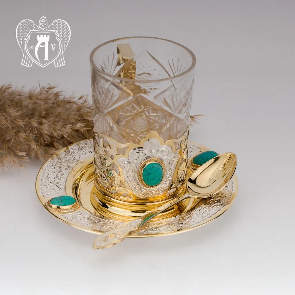 Подстаканник с блюдцем и ложкой из серебра с натуральным камнем «Бирюза» - фото 4