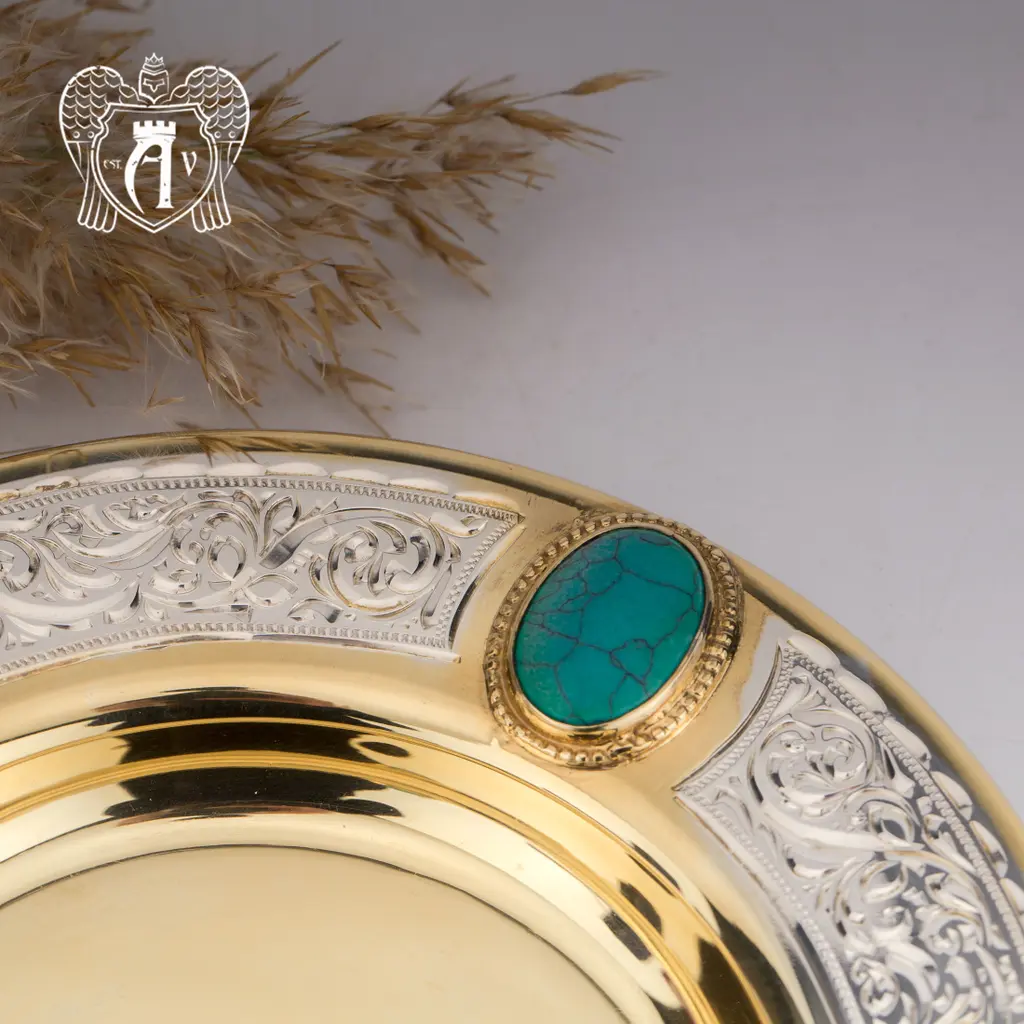 Подстаканник с блюдцем и ложкой из серебра с натуральным камнем «Бирюза» - фото 5