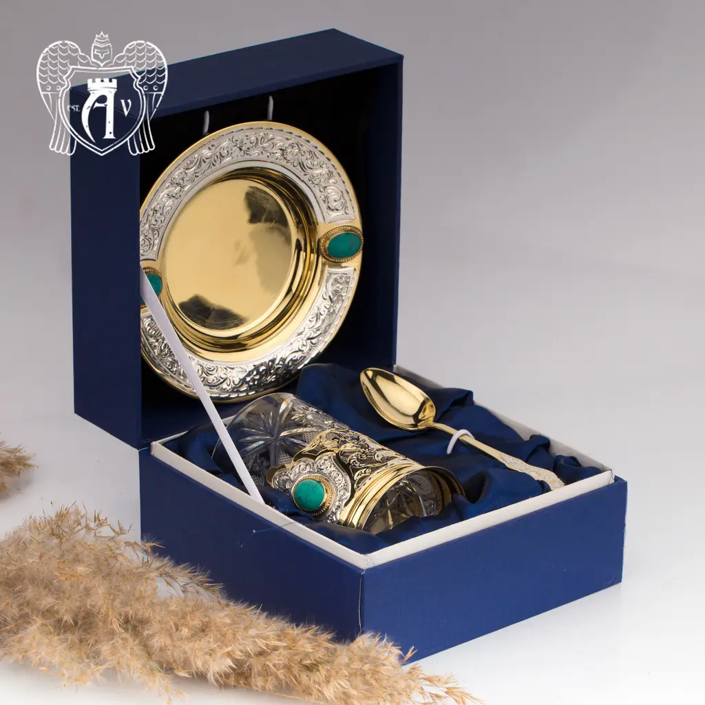 Подстаканник с блюдцем и ложкой из серебра с натуральным камнем «Бирюза» - фото 3