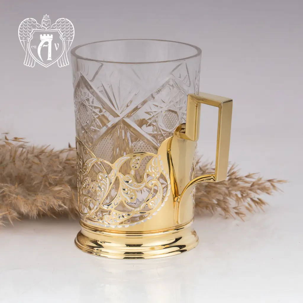 Подстаканник с блюдцем и ложкой из серебра с натуральным камнем «Бирюза» - фото 6