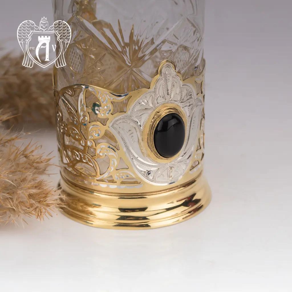 Подстаканник  из серебра с золочением с натуральным камнем «Агат» - фото 2