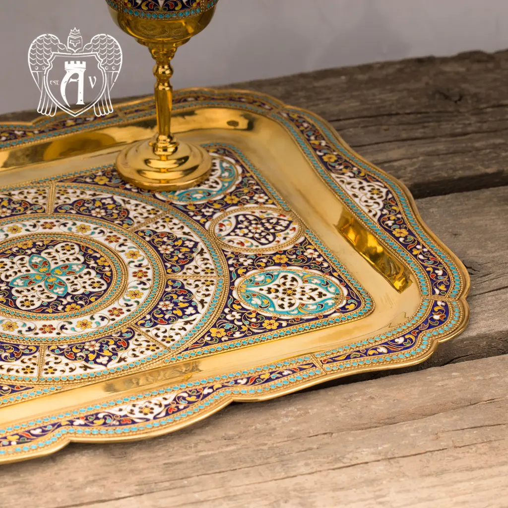 Большой поднос из серебра «Авалон» с золочением и эмалью - фото 3