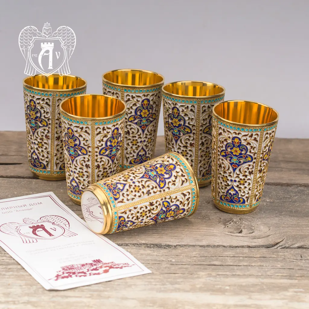 Набор серебряных стаканов «Иллюзион» с золочением и эмалью 6 шт - фото 2