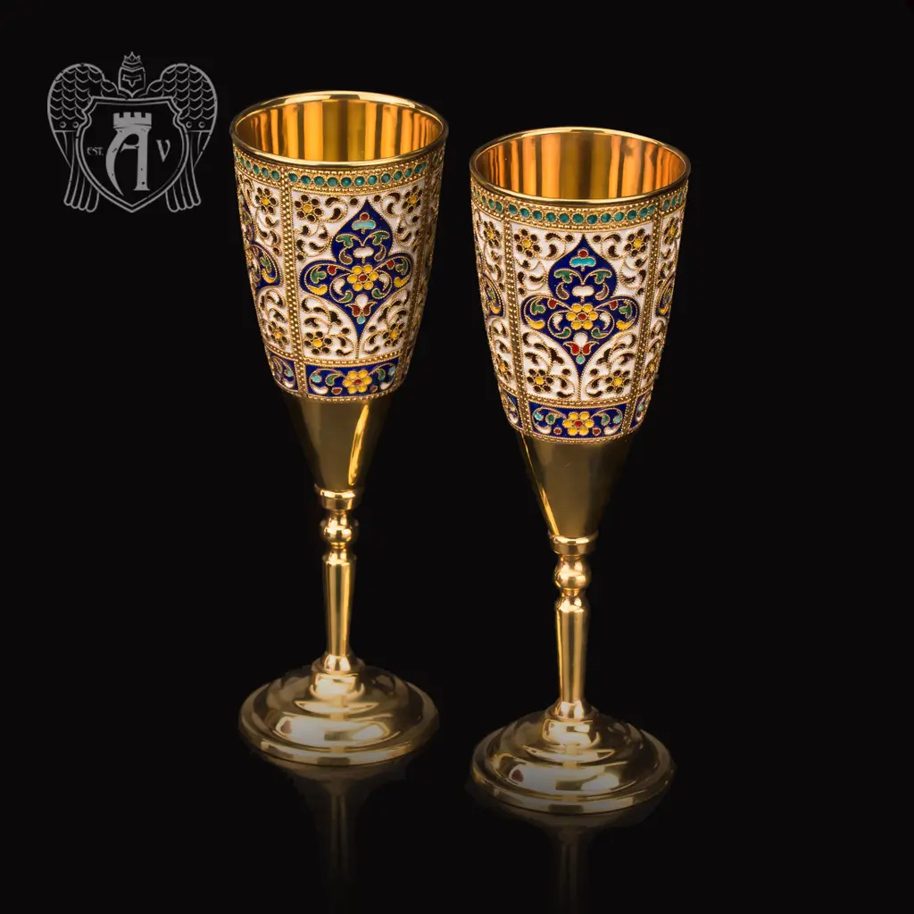 Бокалы серебряные «Империал» пара с золочением и горячей эмалью