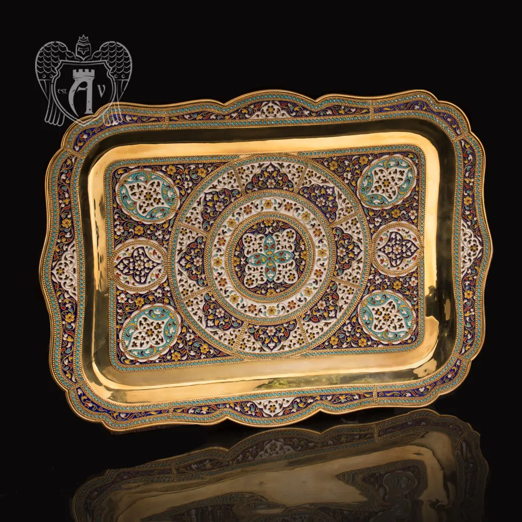 Большой поднос из серебра «Авалон» с золочением и эмалью