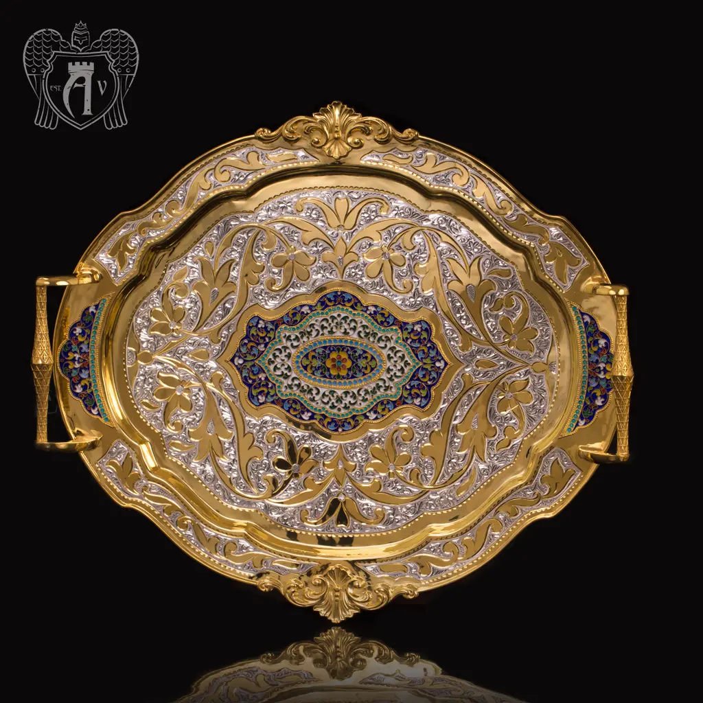 Большой поднос из серебра «Ричмонд» с золочением и эмалью